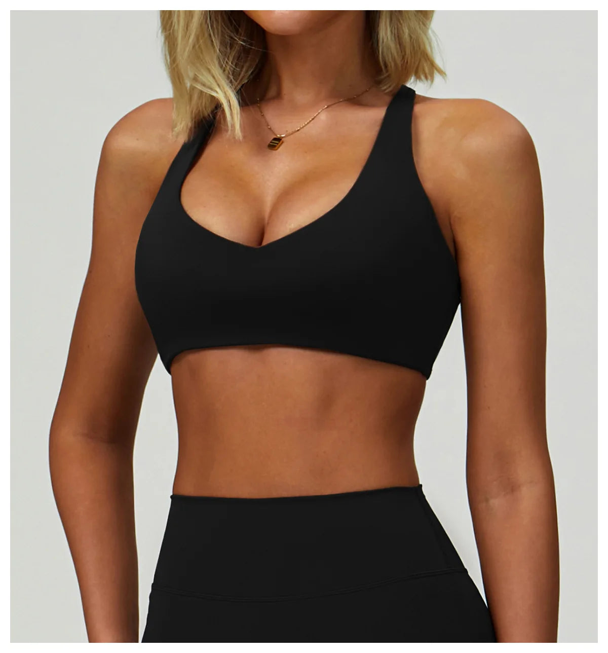High-intensity sports bra, black, V-neck with wide racerback straps