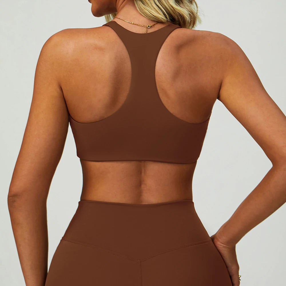 High-intensity active sports bra, brown, open back with racerback straps