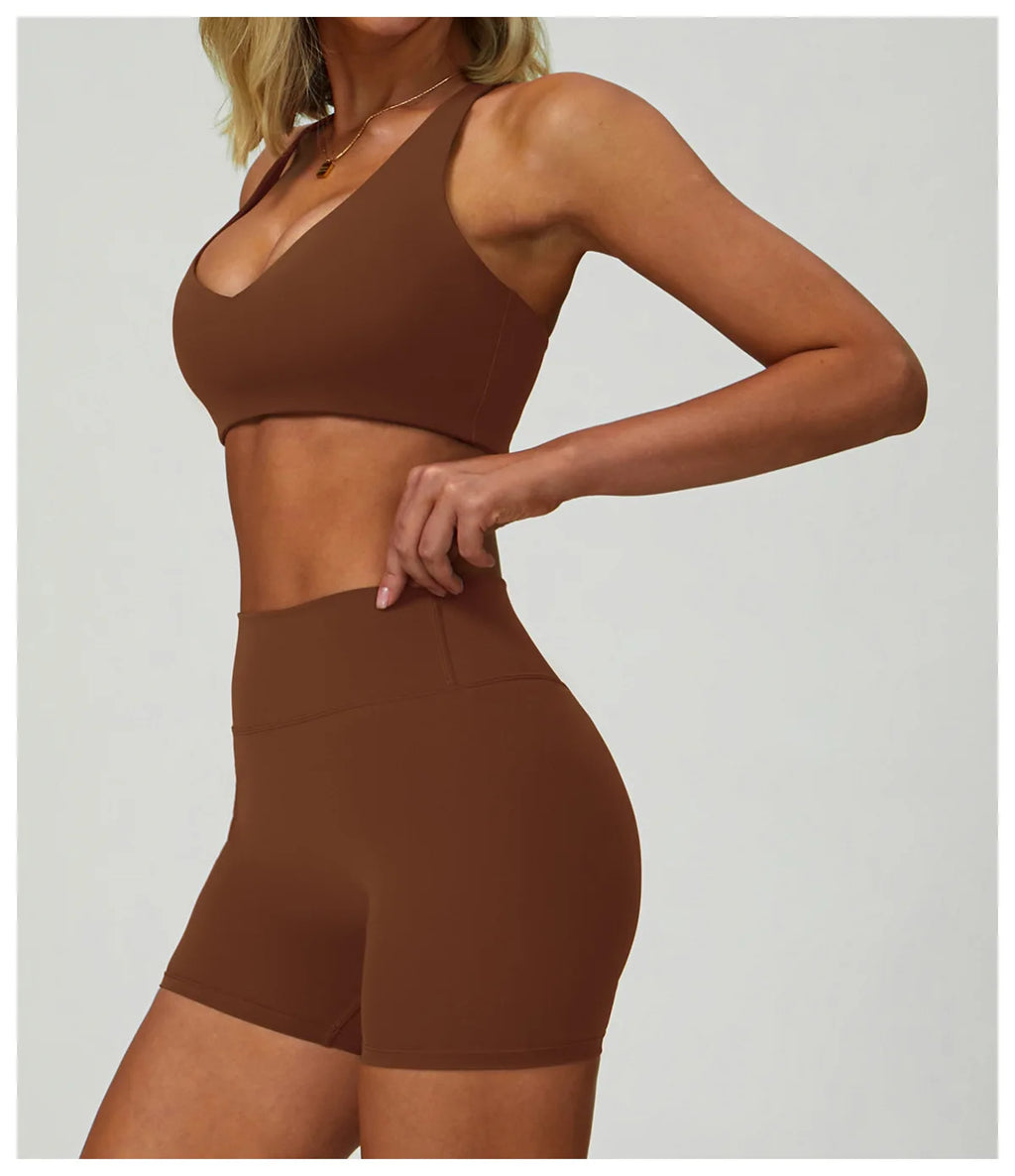 Brown high-support sports bra with V-neck front and racerback straps.