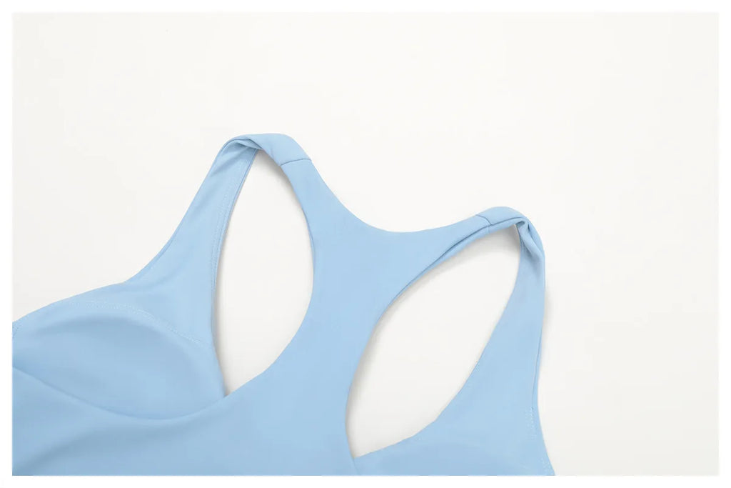 High-intensity sports bra back, sky blue, racerback straps and cutout