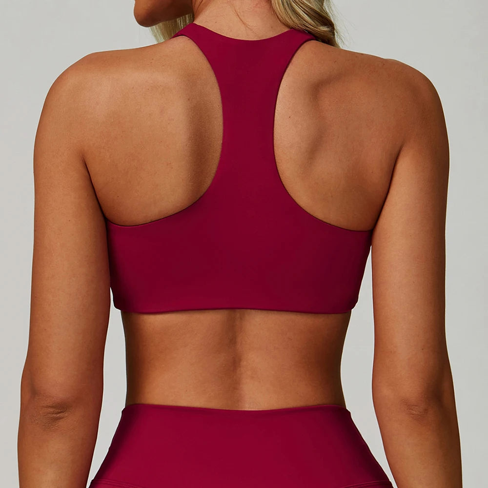 High-intensity active sports bra, rose red, open back with racerback straps