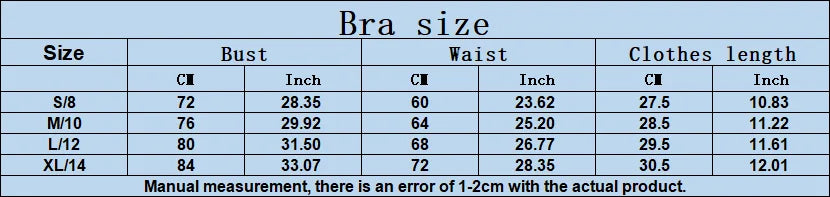 Bra size chart with bust, waist, and clothes length measurements