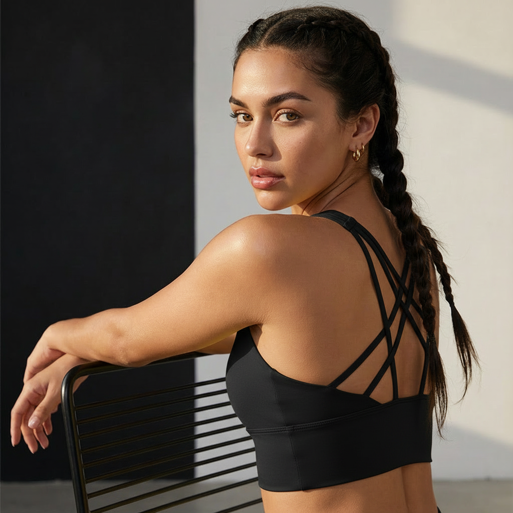 Lift Em' double X sports bra in black, open back with crisscross strap design