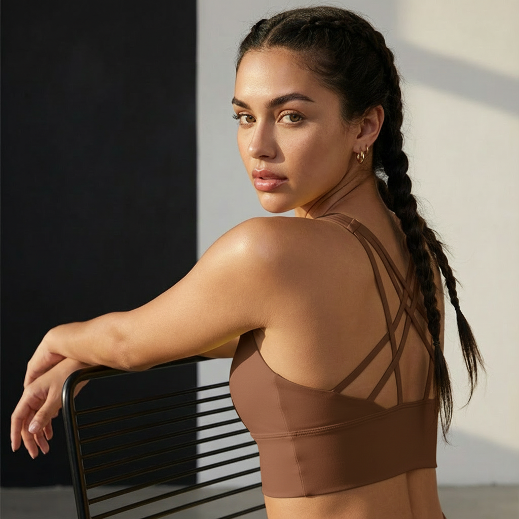 Lift Em' double X strappy sports bra in brown, open back with crisscross strap detail