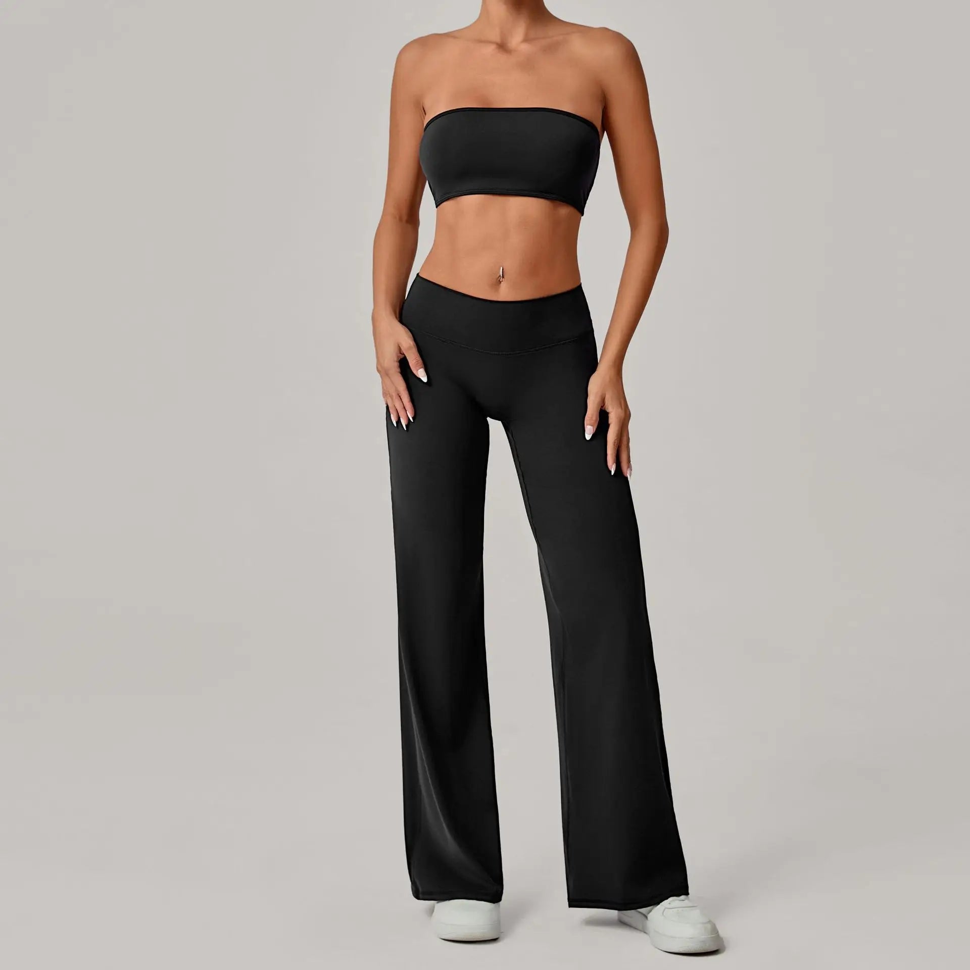 Xooie Fit strapless backless bra and flare pants set in black for a stylish summer outfit