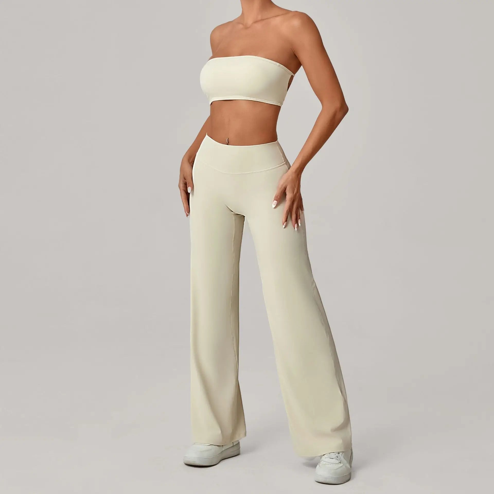 Xooie Fit strapless backless bra and flare pants set in cream for a stylish and comfortable look