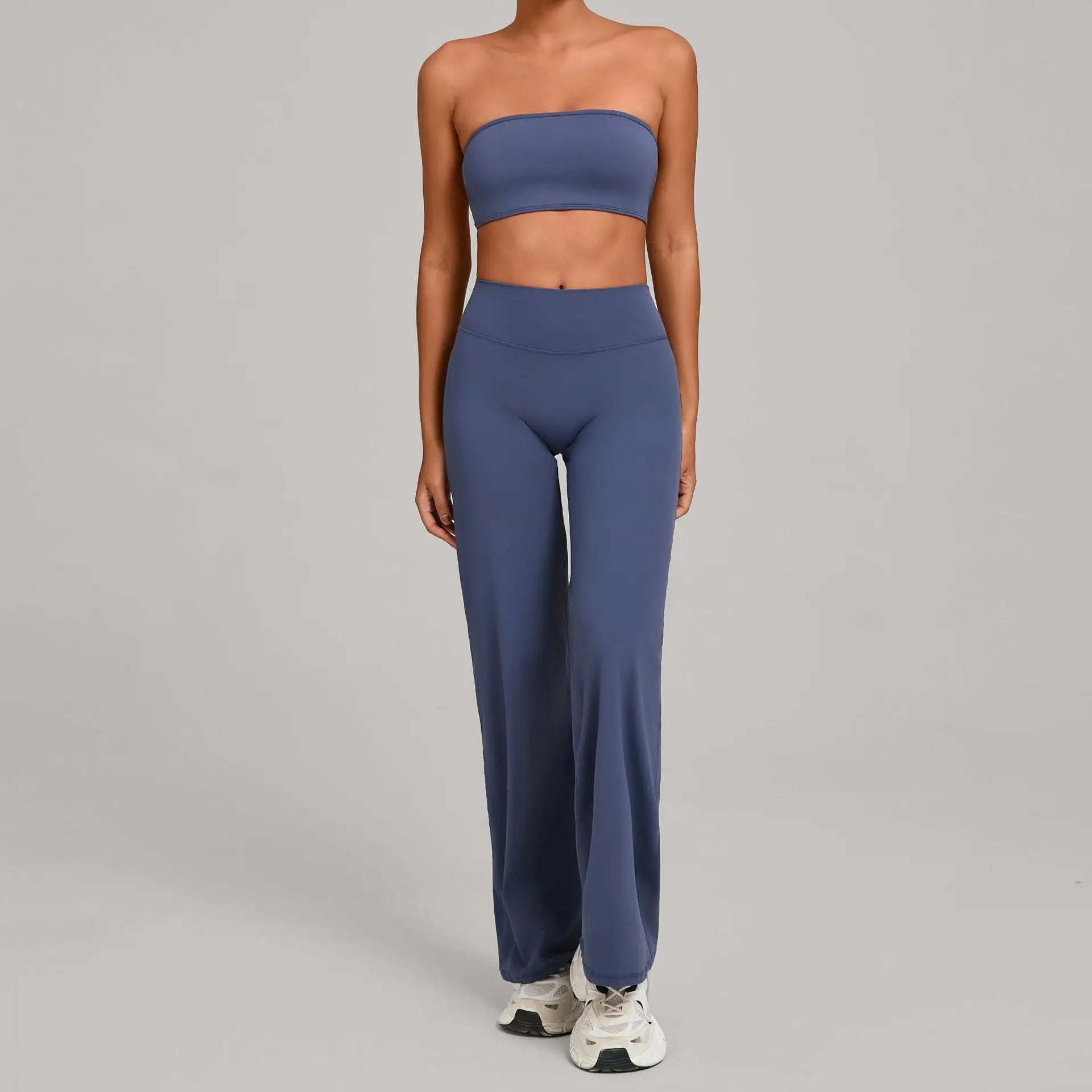 Xooie Fit strapless backless bra and flare pants set in blue for a stylish and comfortable look