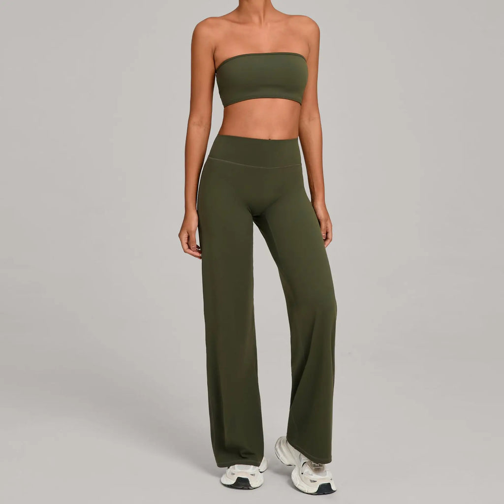 Xooie Fit strapless backless bra and flare pants set in olive green for a trendy summer look