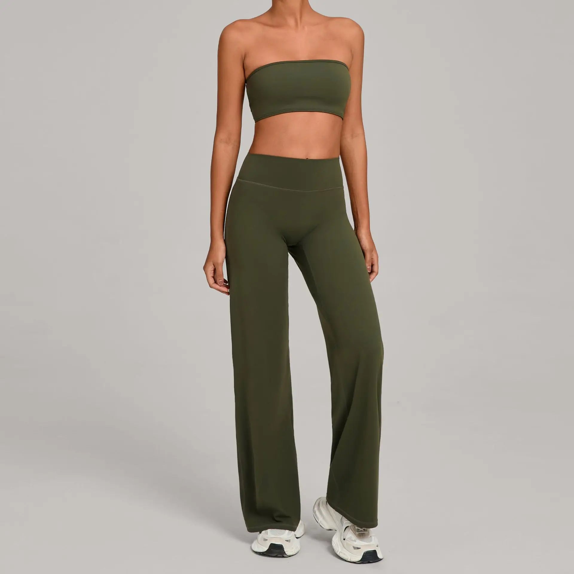 Xooie Fit strapless backless bra and flare pants set in olive green for a trendy summer look