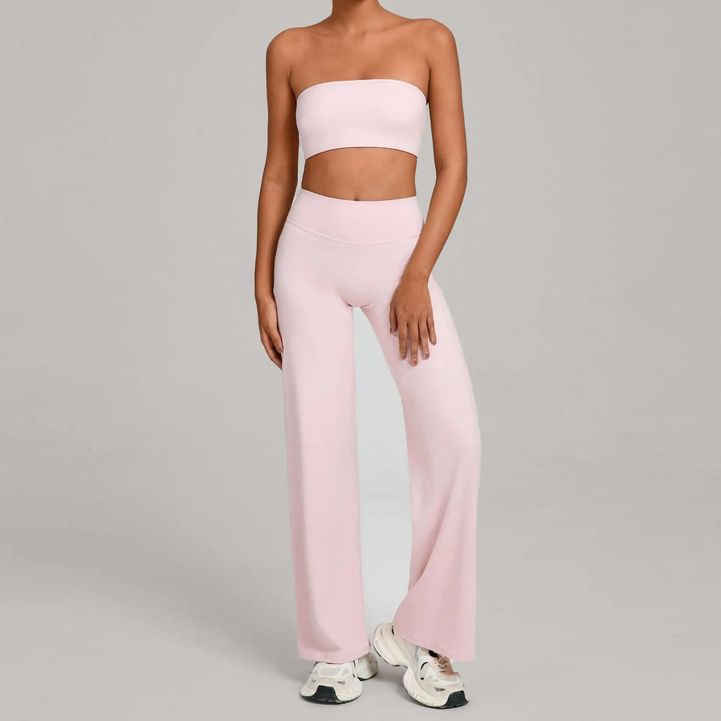 Pink strapless backless bra and flare pants set from Xooie Fit perfect for casual outings