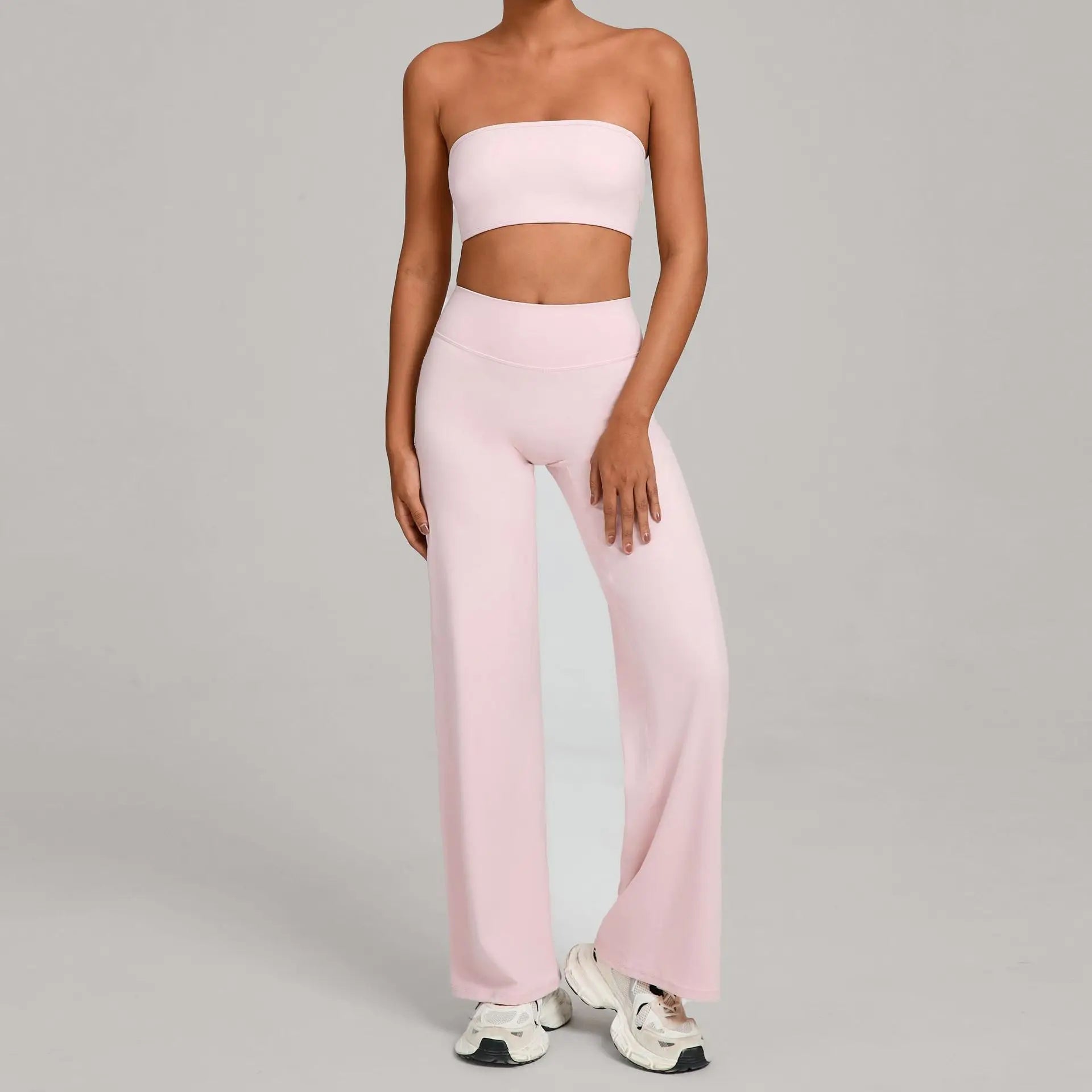 Pink strapless backless bra and flare pants set from Xooie Fit perfect for casual outings