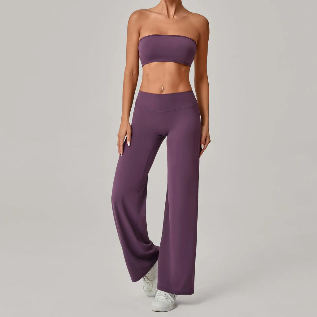 Xooie Fit strapless backless bra and flare pants set in purple, perfect for casual or active wear