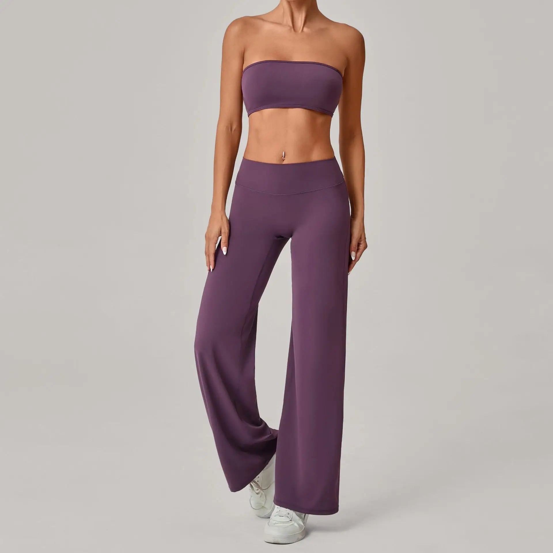 Xooie Fit strapless backless bra and flare pants set in purple, perfect for casual or active wear
