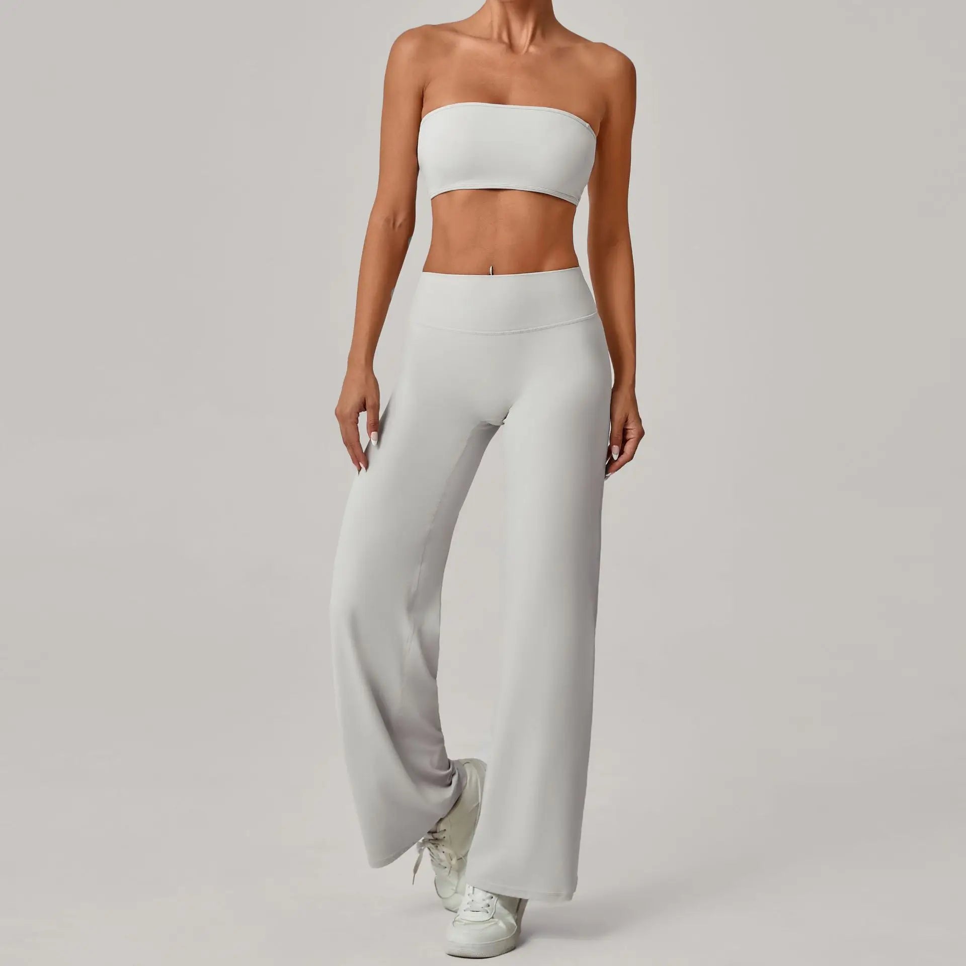 Xooie Fit strapless backless bra and flare pants set in light gray for a stylish, comfortable look