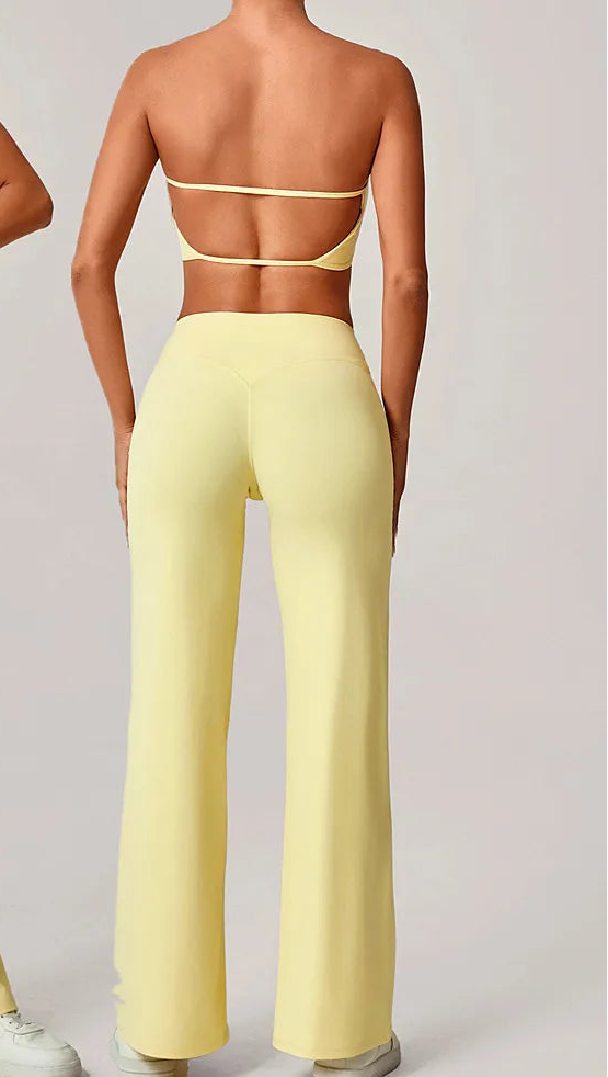 Xooie Fit strapless backless bra and flare pants set in yellow for a stylish back view
