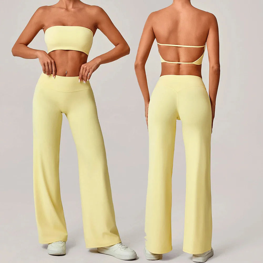 Xooie Fit strapless backless bra and flare pants set in yellow for a stylish summer look 