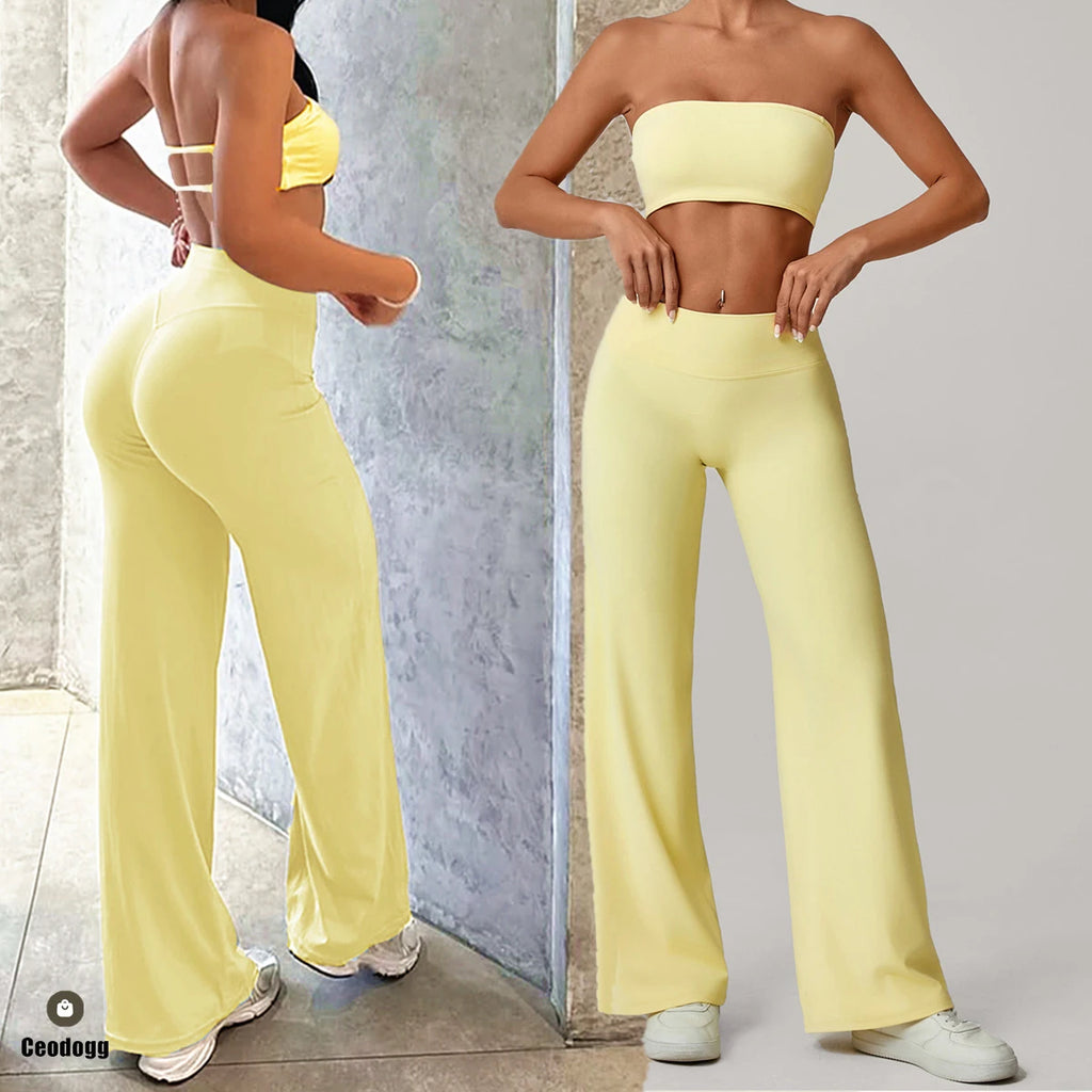 Xooie Fit strapless backless bra and flare pants set in yellow for a stylish summer look