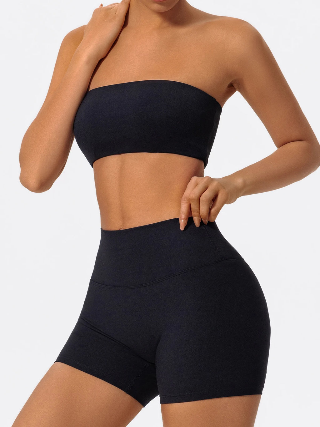 Women’s black strapless sports bra and matching high-waist biker shorts set
