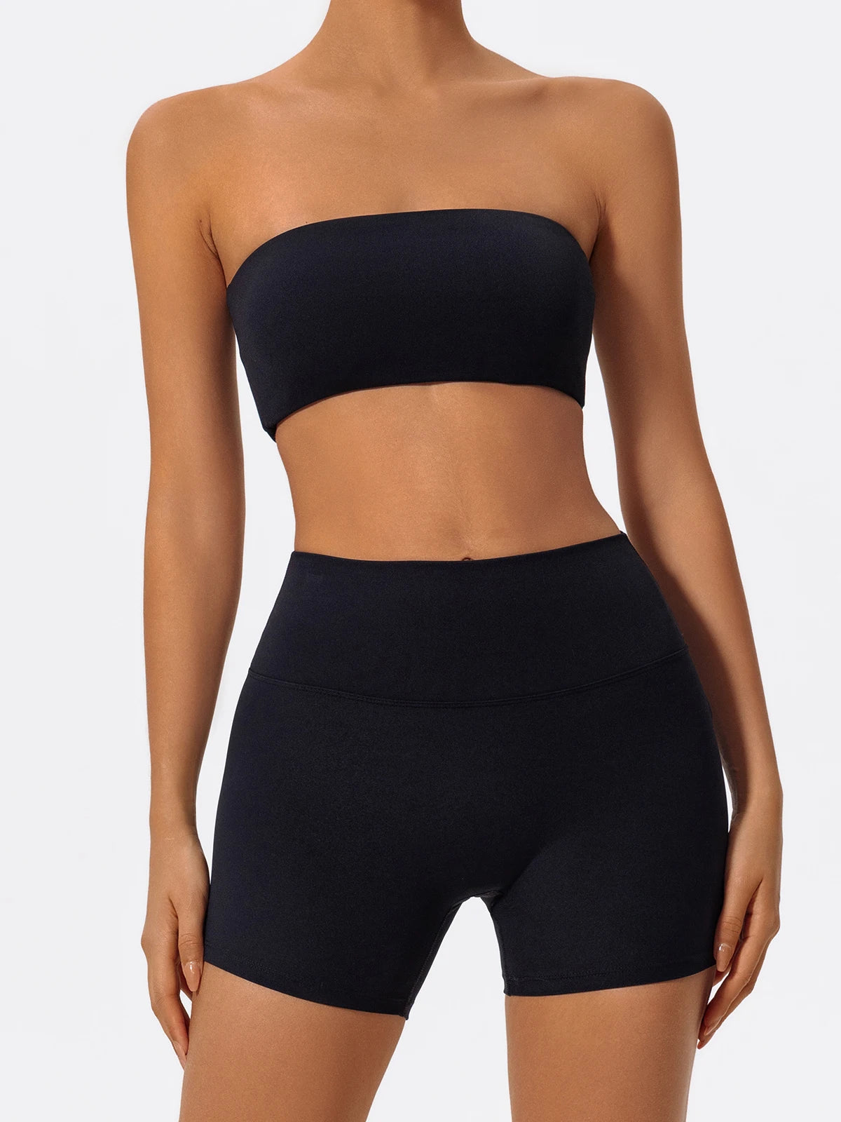 Women’s black strapless sports bra and matching biker shorts set