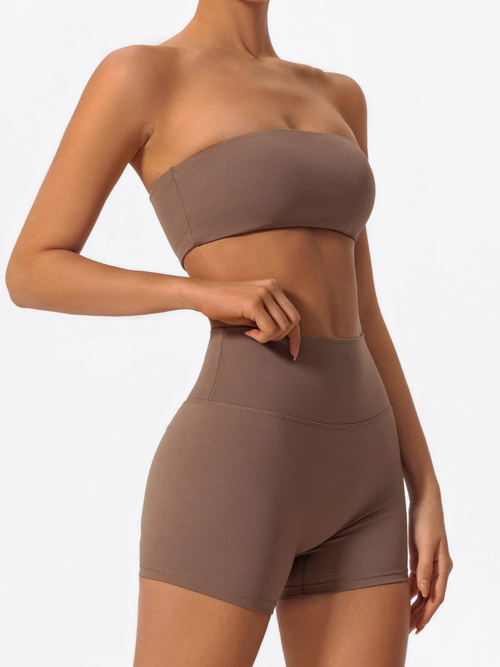 Xooie Fit Strapless Bra Shorts Set in Brown, designed for comfort and versatility in casual wear.