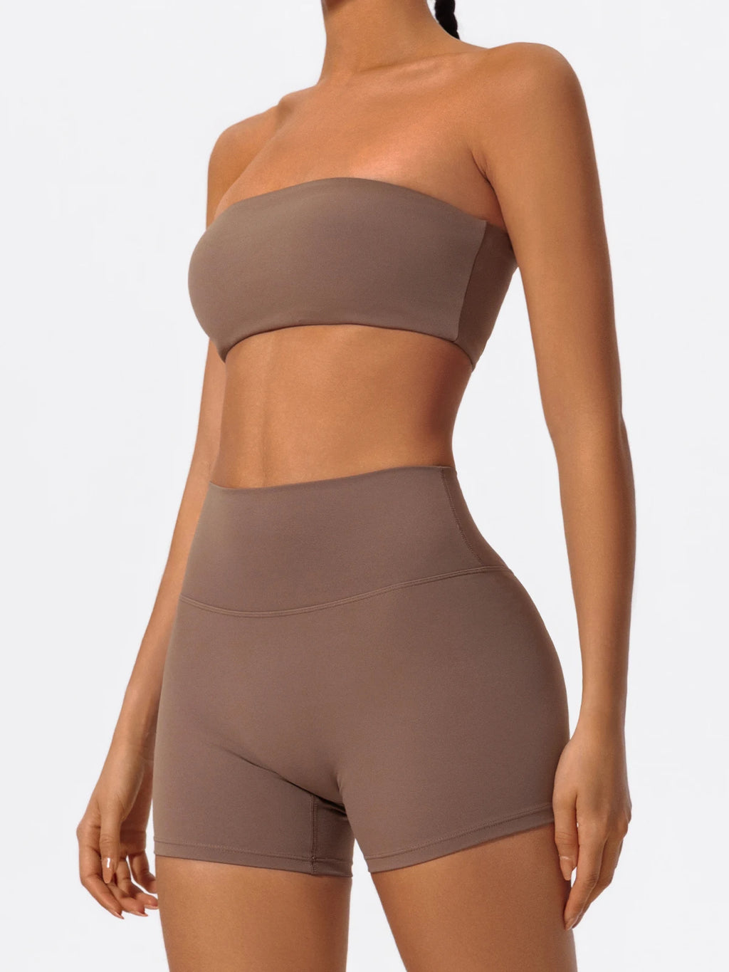 Women’s strapless sports bra and high-waist shorts set, brown