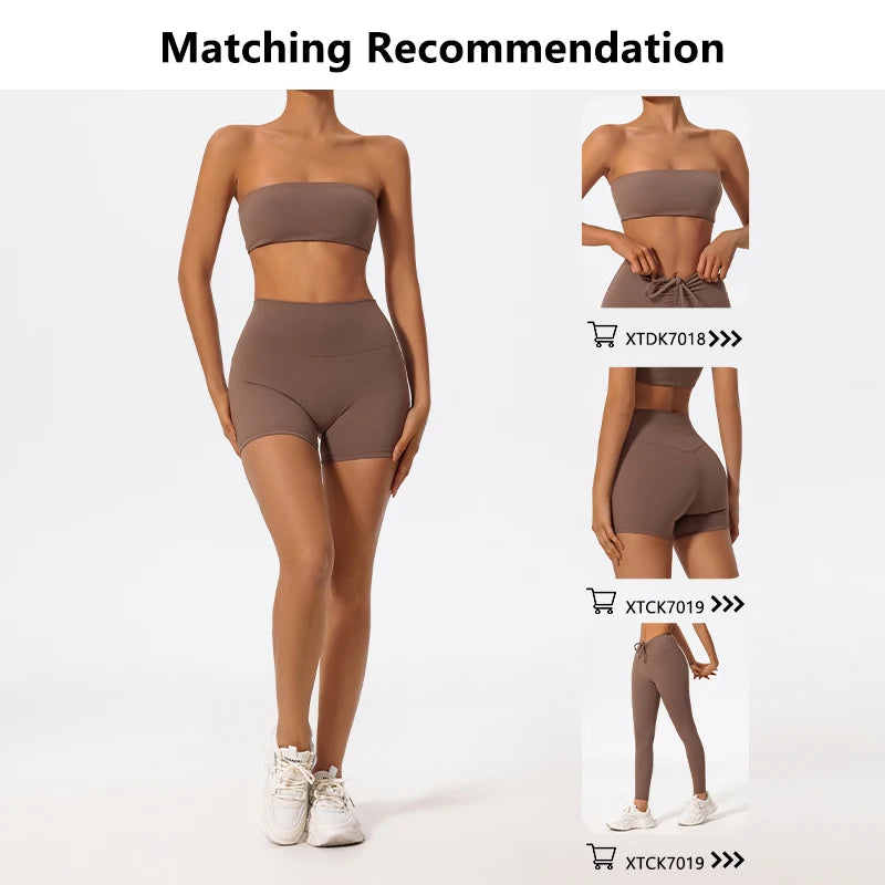 Brown strapless bandeau crop top and matching cycling shorts, drawstring waist detail