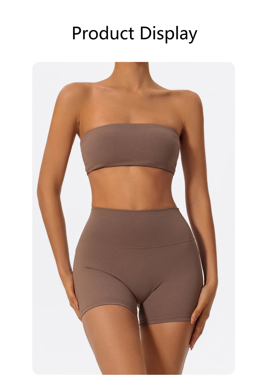 Brown strapless bandeau crop top and matching high-rise shorts two-piece set