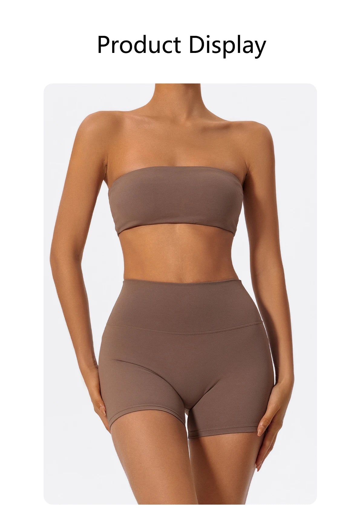 Brown strapless bandeau crop top and matching high-rise shorts two-piece set