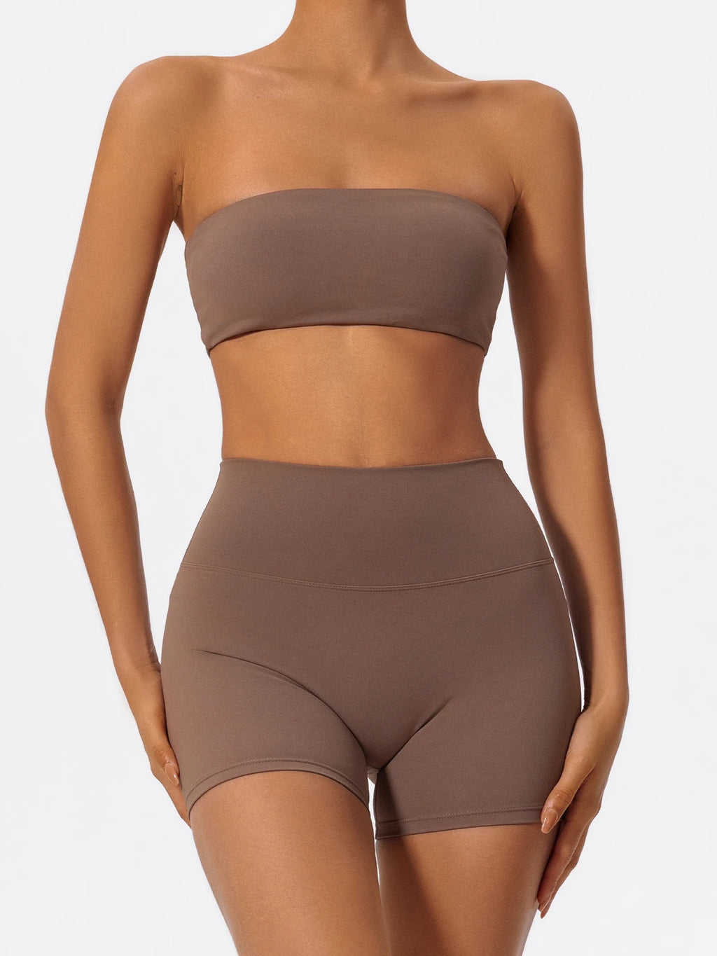 Xooie Fit strapless bra shorts set in brown, featuring a comfortable bandeau top and high-waisted shorts