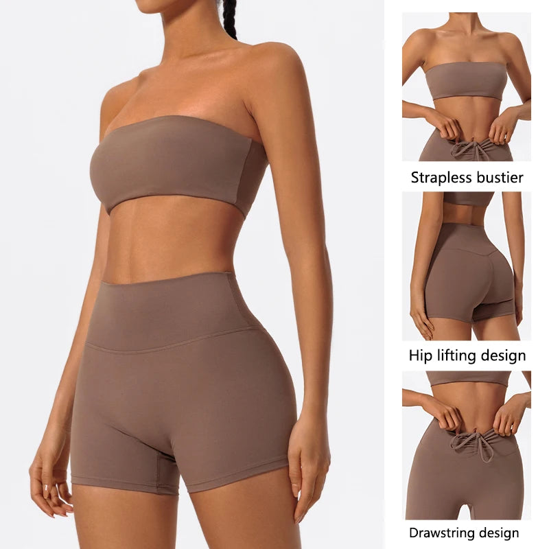 Brown strapless bandeau crop top with matching high-rise shorts, hip-lift seams