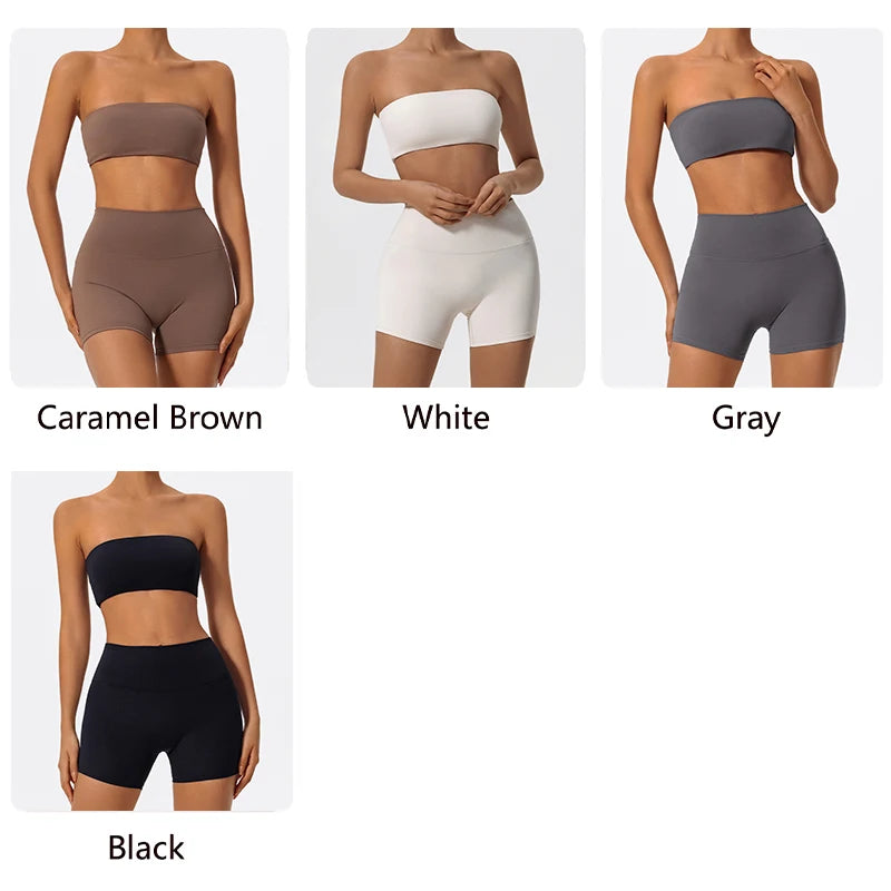 Two-piece fitness set color options: strapless bandeau with matching shorts