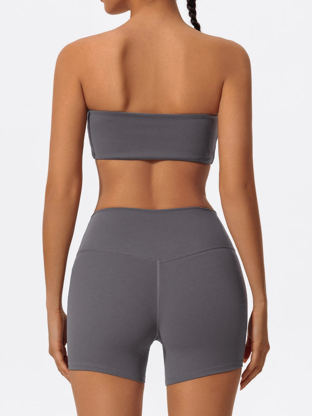 Back view: women’s strapless sports bra and high-waist shorts set, gray