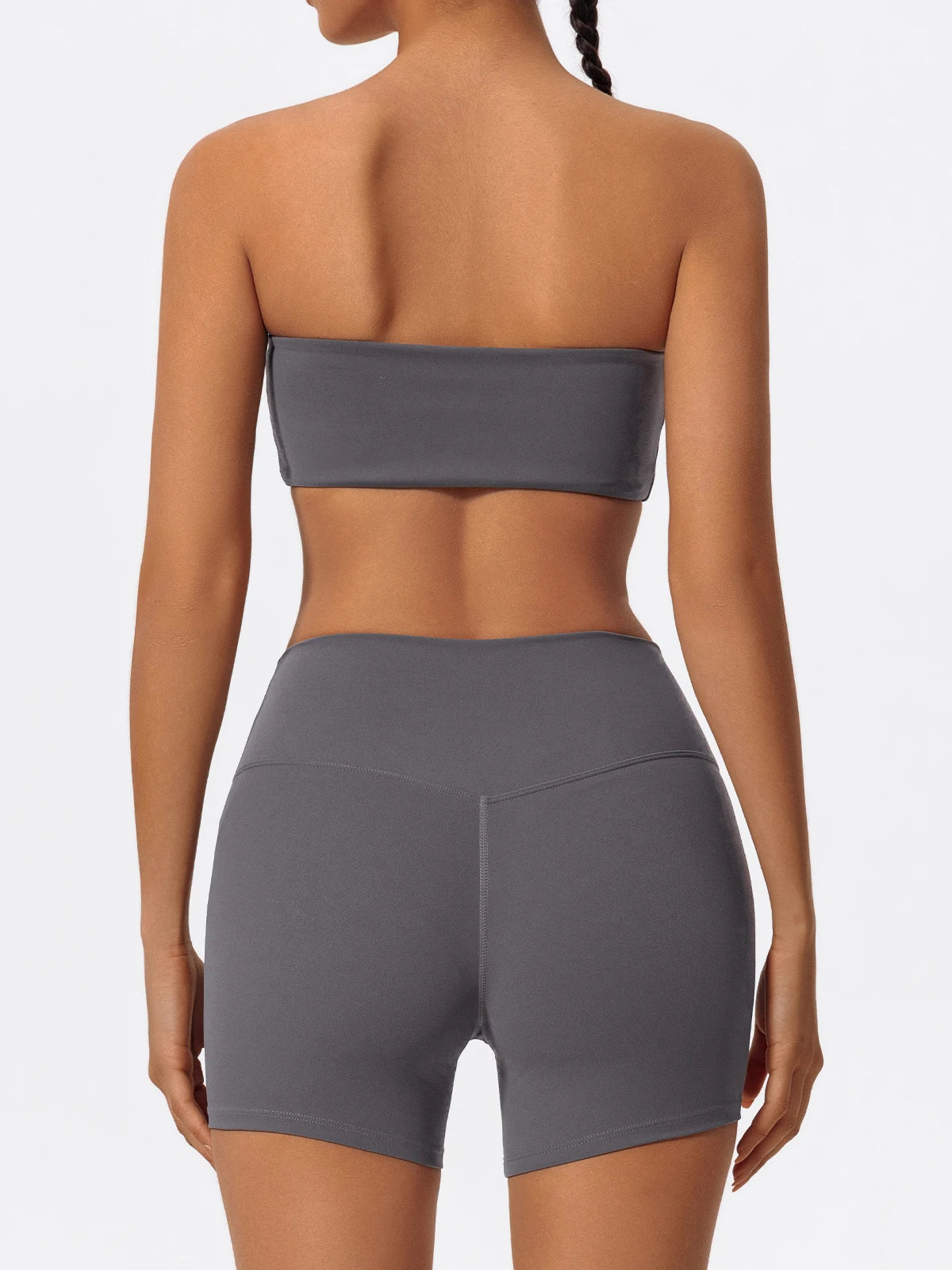 Back view: women’s strapless sports bra and high-waist shorts set, gray