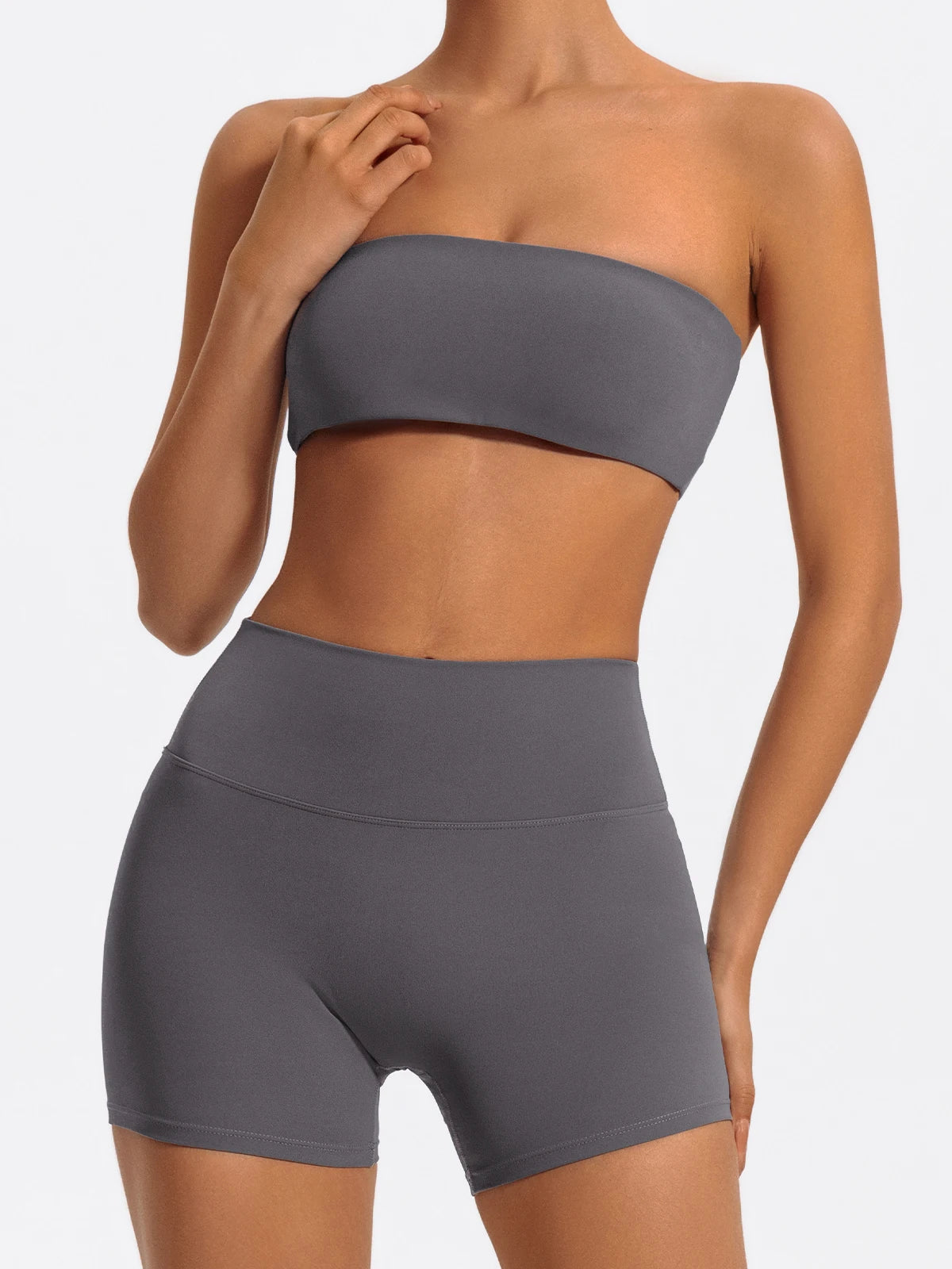 Women’s strapless sports bra and high-waist shorts set, gray, front view