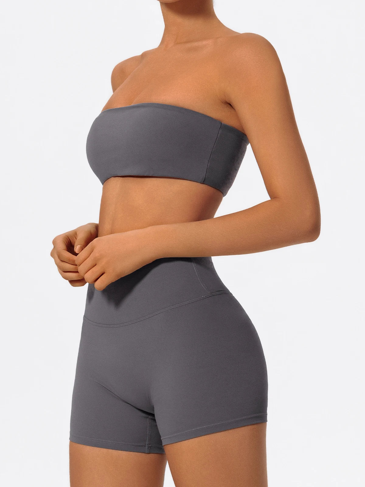 Women’s strapless sports bra and high-waist shorts set, gray, side view