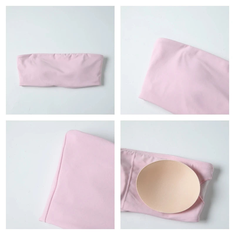 Pink strapless bandeau top and cycling shorts set, smooth stretchy fabric pieces