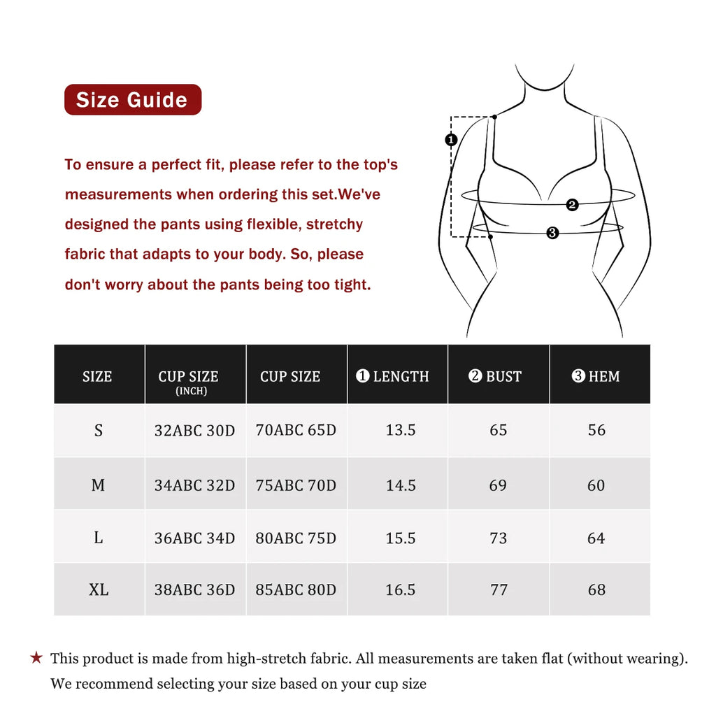 Size guide diagram for strapless bandeau top and high-waist shorts, key measurements