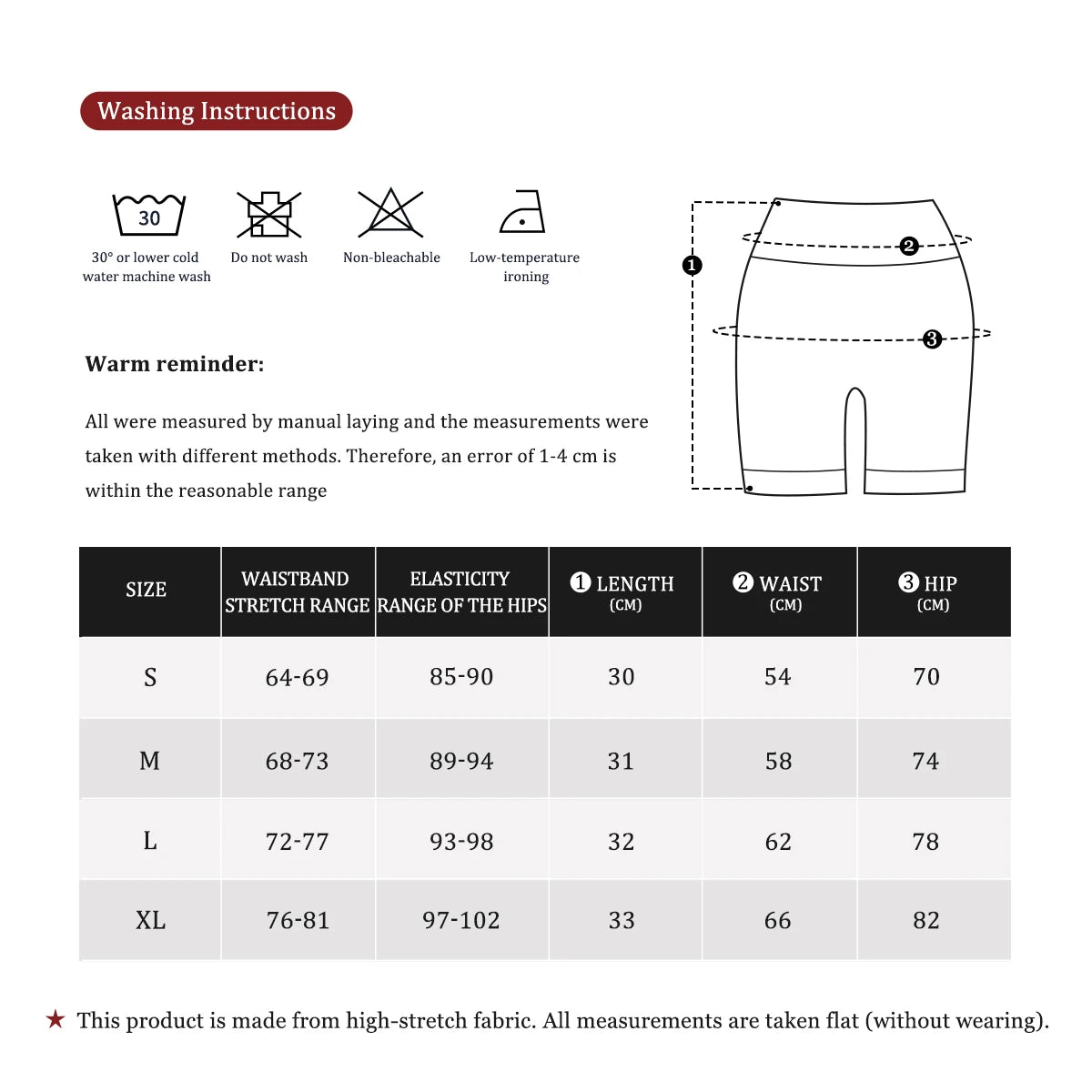 Care and fit chart for high-stretch strapless bandeau and shorts set