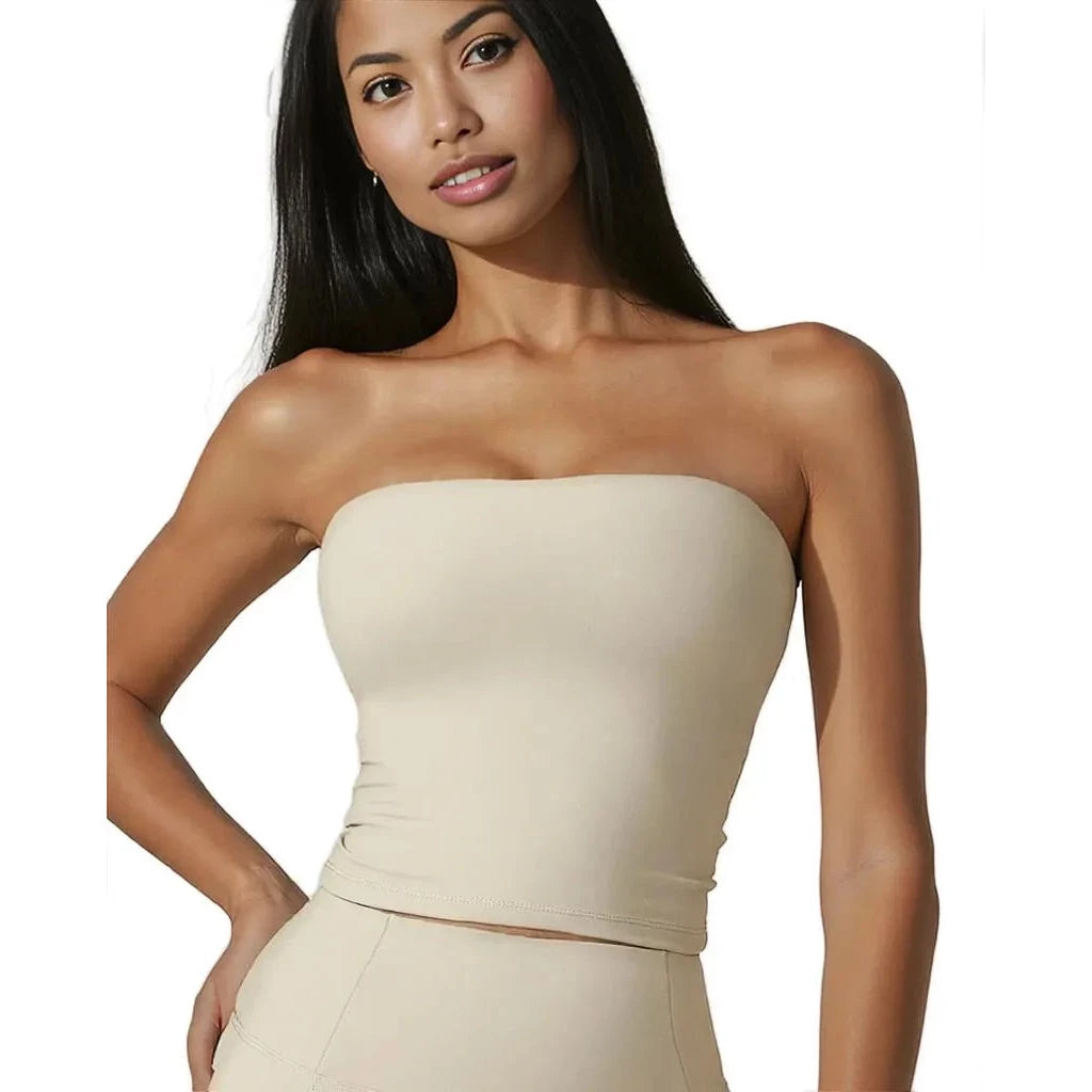 Xooie Fit Strapless Workout Top in Beige for Comfortable and Stylish Fitness Wear