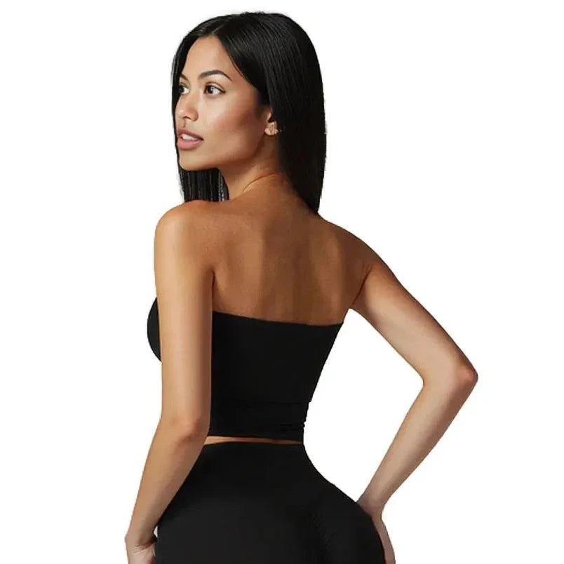 Xooie Fit strapless workout top in black, perfect for unrestricted movement during exercises