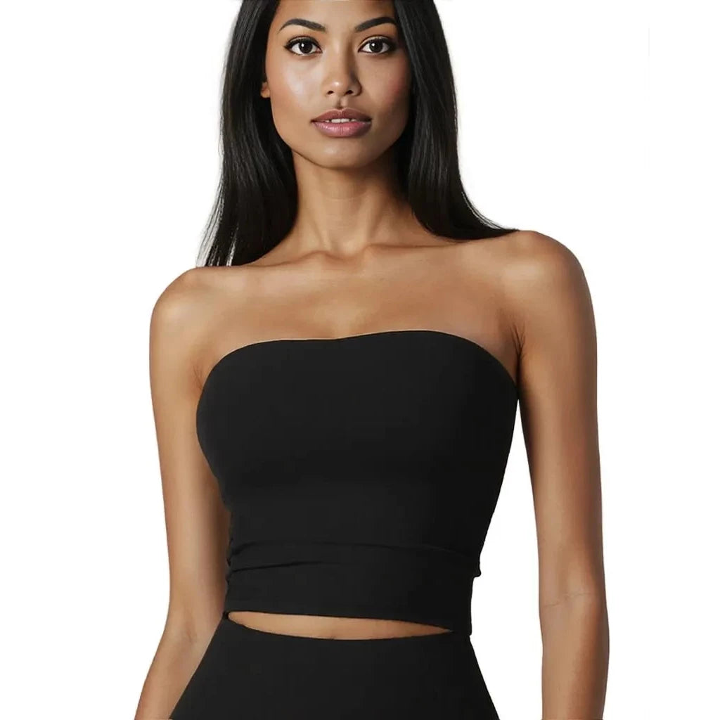 Xooie Fit strapless workout top in black, designed for comfort and flexibility during exercise
