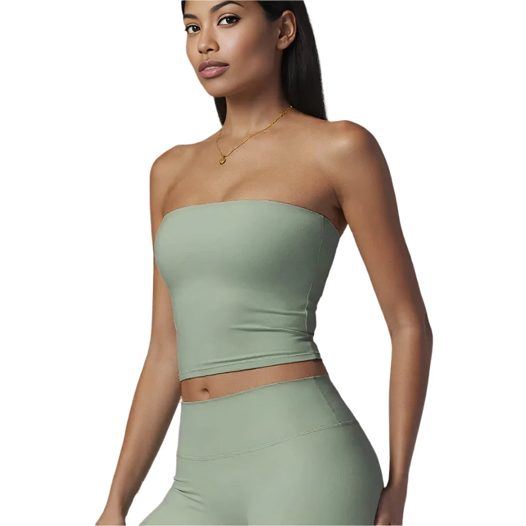 Xooie Fit Strapless Workout Top in Sage Green, perfect for stylish and comfortable fitness sessions