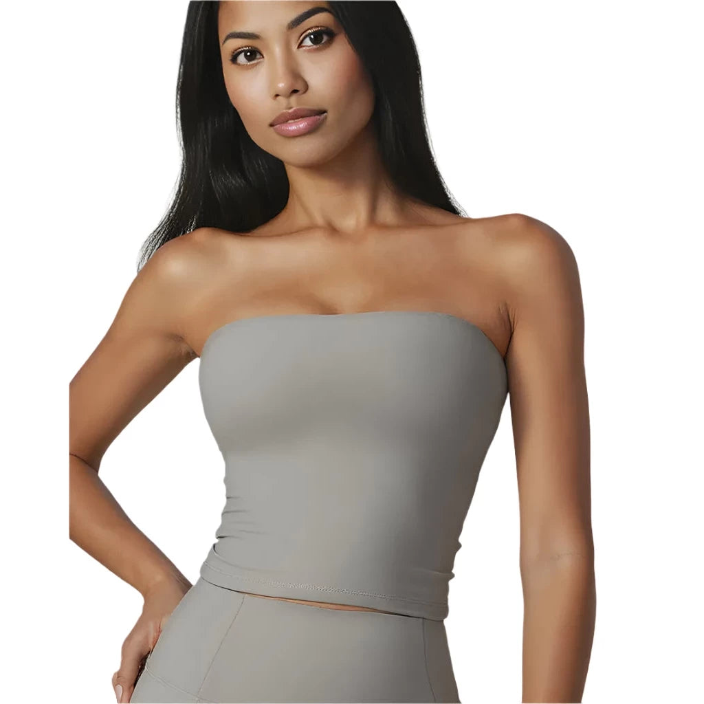 Xooie Fit strapless workout top in light gray, perfect for active movements and layering