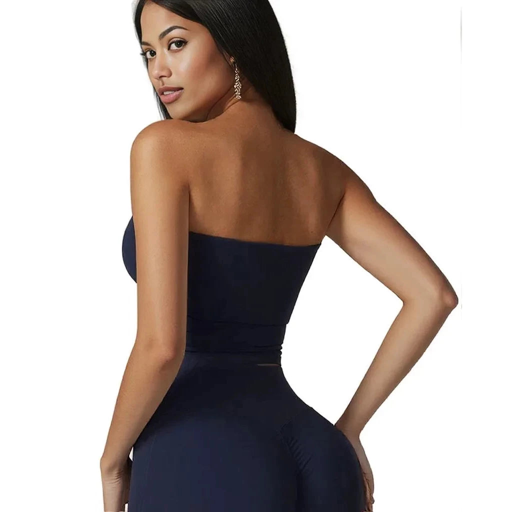Xooie Fit strapless workout top in navy, perfect for active wear and casual outings