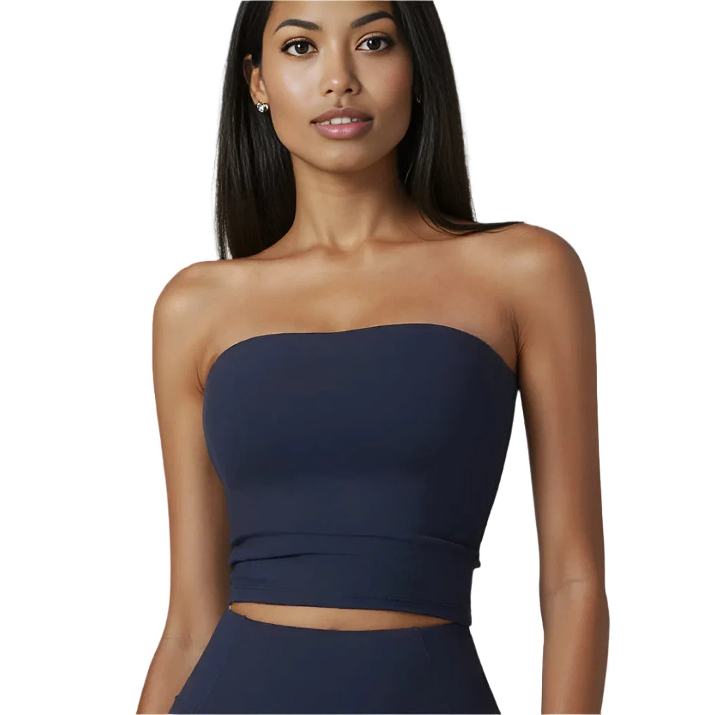 Navy Xooie Fit strapless workout top designed for comfort and style during exercise