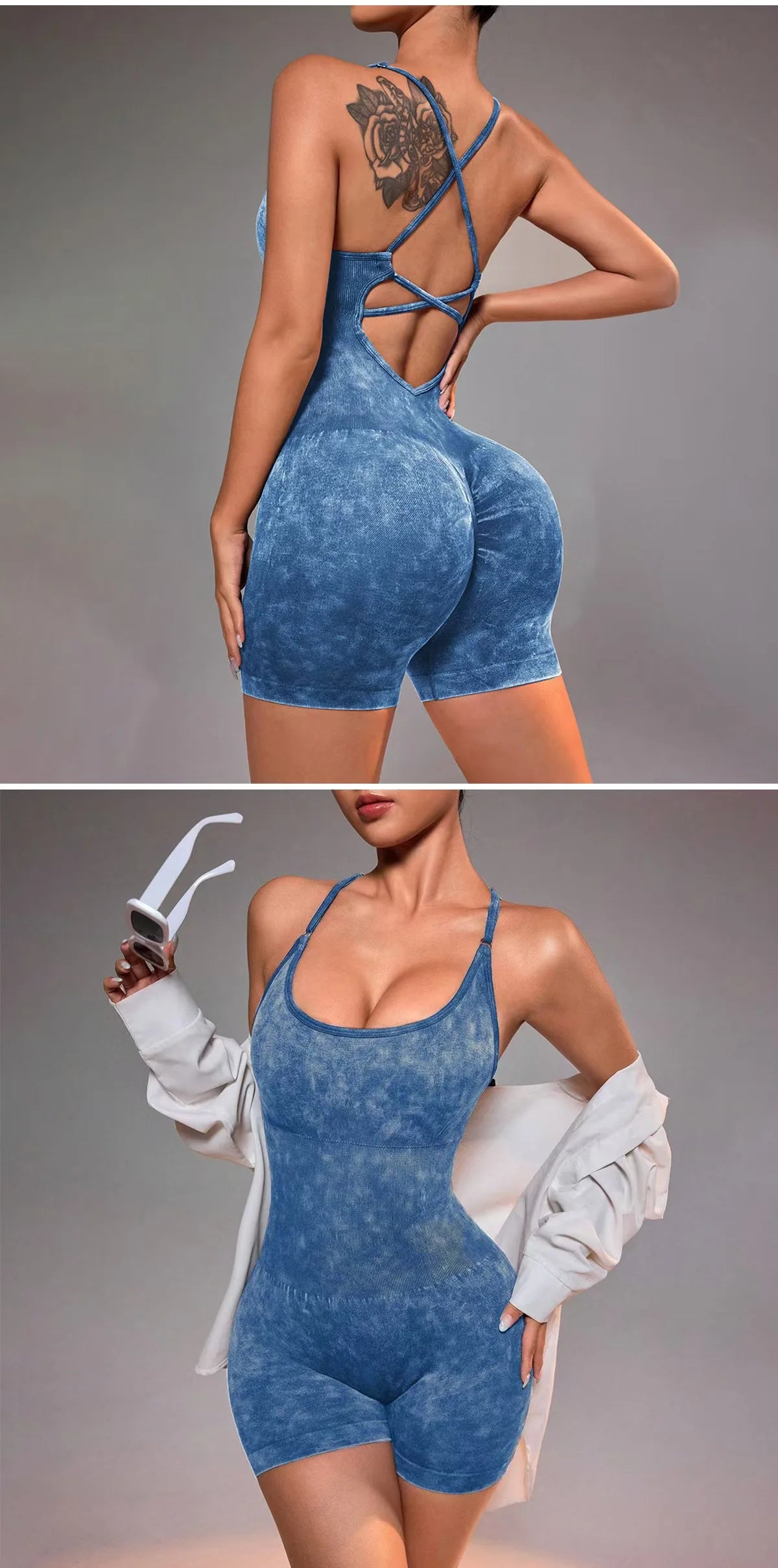 Washed blue strappy yoga unitard with crisscross back straps and scoop neckline