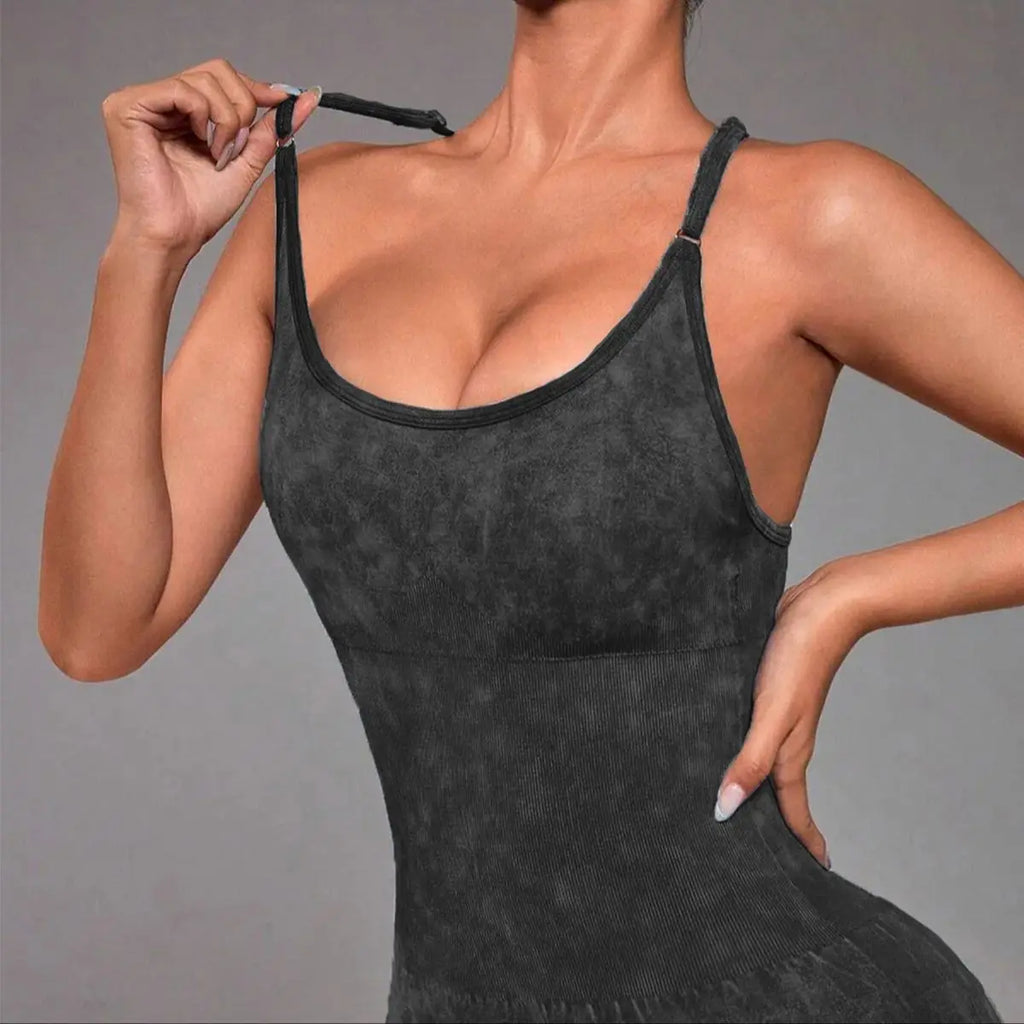 Washed black yoga unitard with thin straps and square chest, seamless romper fit