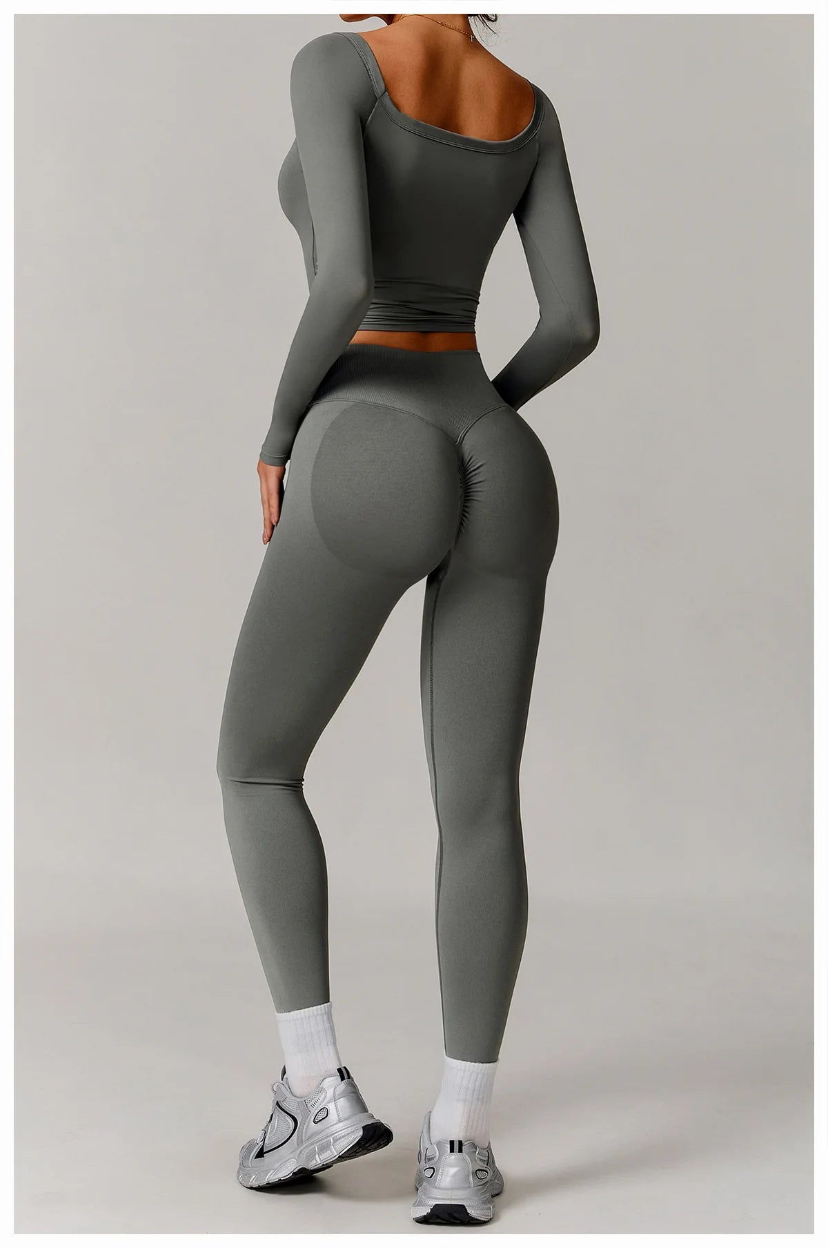 Xooie Fit stretchy long-sleeve workout shirt in gray fitted design for activewear back view