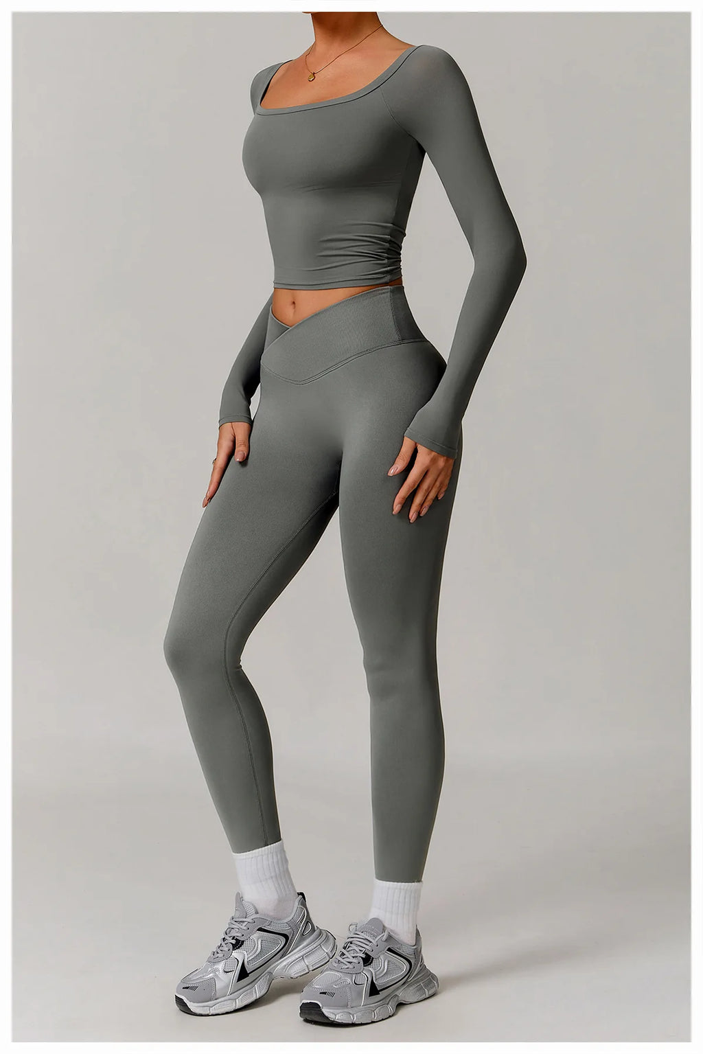 Xooie Fit stretchy long-sleeve workout shirt in gray fitted design for activewear full view