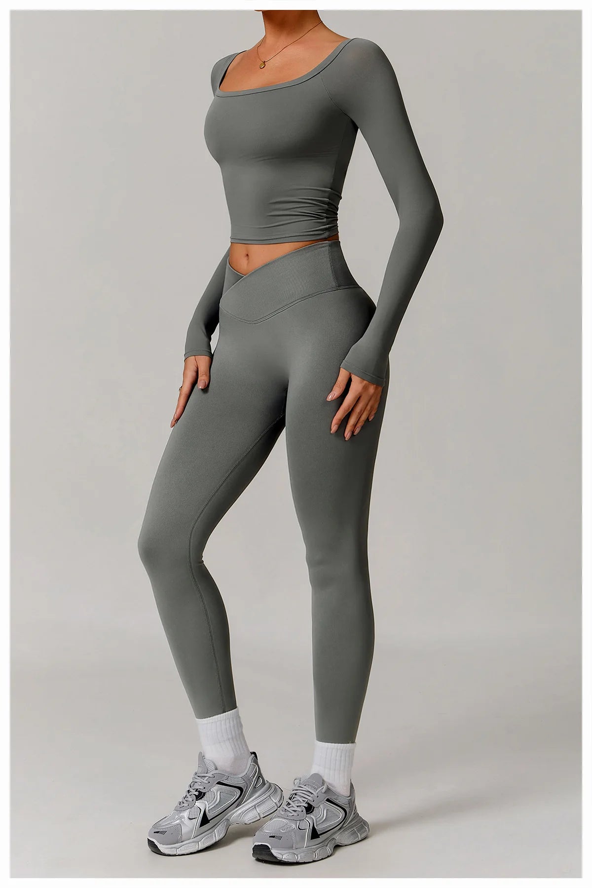 Xooie Fit stretchy long-sleeve workout shirt in gray fitted design for activewear full view